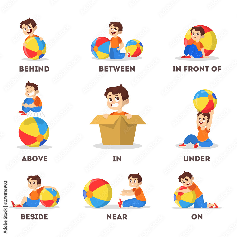 Kid And Ball Set Learning Preposition Concept Boy Above Stock Vector kid-and-ball-set-learning-preposition-concept-boy-above-stock-vector
