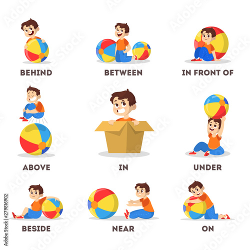 Kid and ball set. Learning preposition concept. Boy above photo