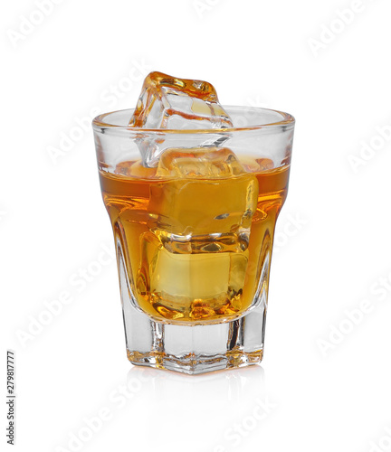 Glass of scotch whiskey and ice on  white background