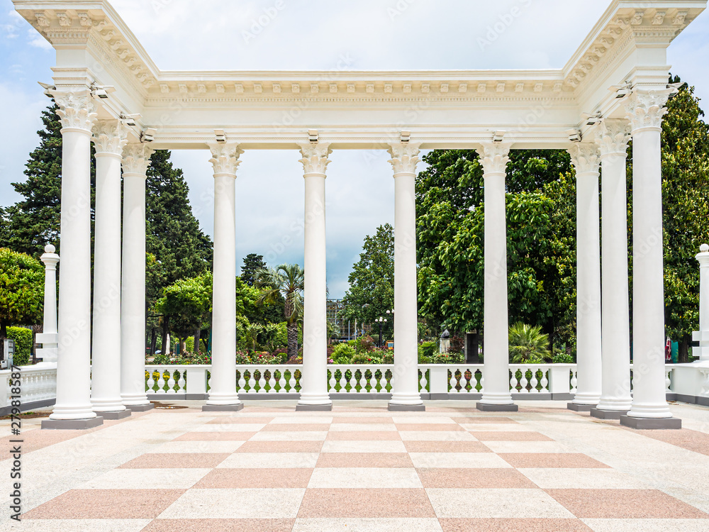 Symmetrical beautiful colonnades, located at Seaside park in Batumi, Georgia.