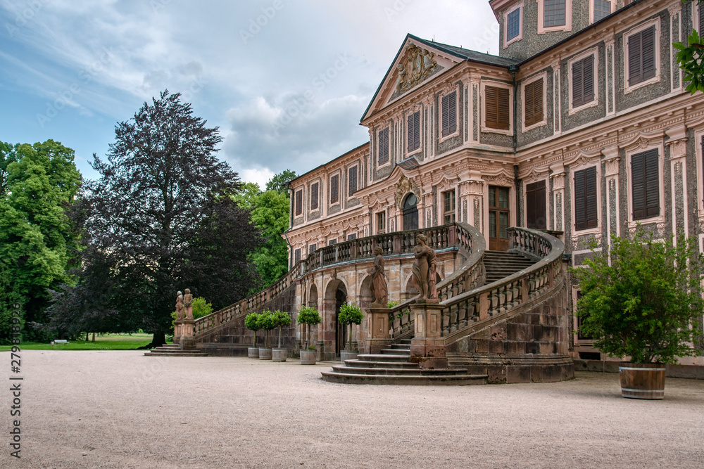 Closeup side view on Schloss Favorite Rastatt castle and garden in Rastatt, Germany on a rainy day