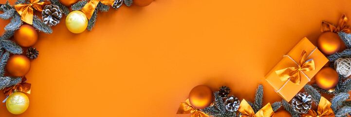 Christmas composition.  Background with gift box and decorations. 