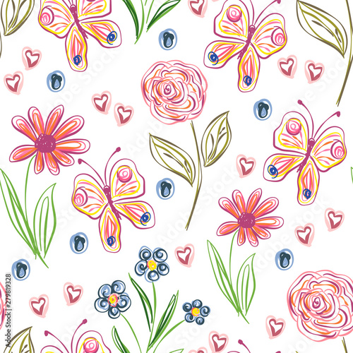 Pencil drawing. Floral seamless pattern. Vector illustration. photo