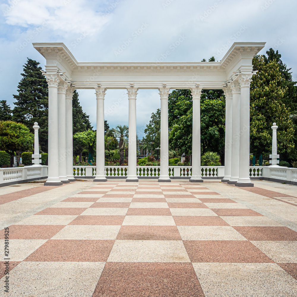 Greek-style columns in the Seaside park of Batumi, Georgia, signifying the entrance to the famous Boulevard of the resort.