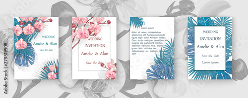 Wedding invitation with coral flowers orchid and palm leaves , watercolor. Vector Watercolour.
