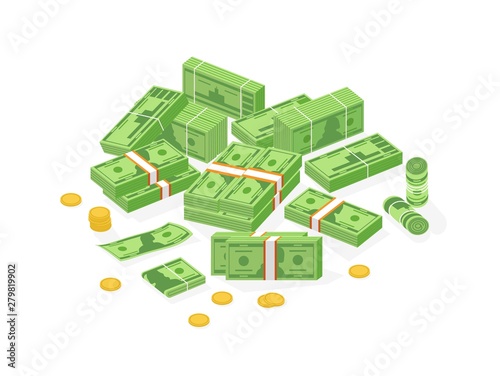 Collection of isometric cash money or currency. Set of Dollar bills or banknotes in packs, rolls and bundles and cent coins isolated on white background. Colorful isometric vector illustration.
