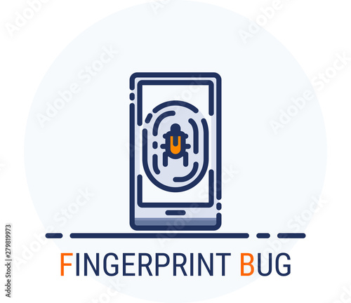 Filled Line Icons Style. Hacker Cyber crime attack Fingerprint Bug for web design, ui, ux, mobile web, ads, magazine, book, poster.