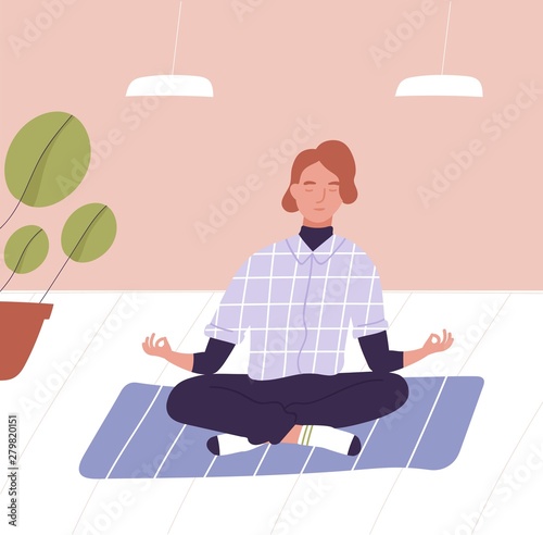 Young man with closed eyes sitting cross legged and meditating. Business meditation, office relaxation technique, mindfulness, spiritual practice at work. Flat cartoon colorful vector illustration.