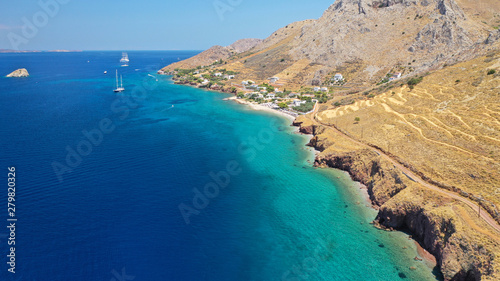 Fototapeta Naklejka Na Ścianę i Meble -  Aerial drone photo of small bay of Molos in picturesque island of Ydra or Hydra, Saronic gulf, Greece