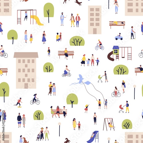 Seamless pattern with men and women walking, riding bikes, sitting on bench in city suburbs, outskirts. Backdrop with people performing outdoor activities on street. Flat cartoon vector illustration.