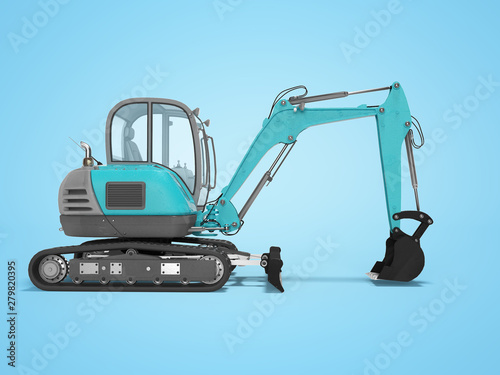 Construction equipment excavator with hydraulic mekhlopaty on crawler with buckets side view 3d render on blue background with shadow