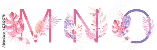 Watercolor Hand Drawn tropic letters monograms or logo. Uppercase M, N, O with jungle herbal decorations. Palm and monstera leaves, flowers and branches.