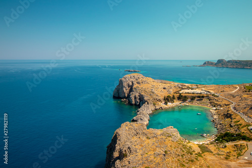 Azure heart shaped sea bay in Lindos  Rhodes  Greece