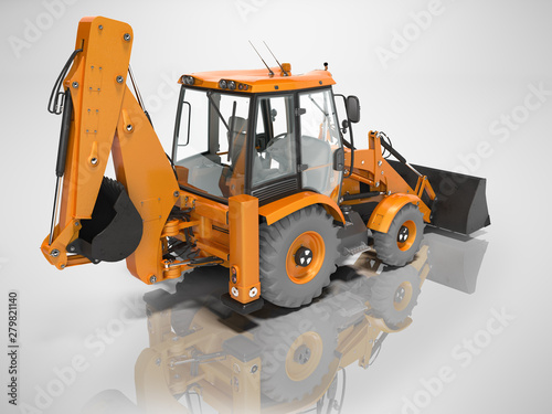 Construction equipment excavator loader with bucket at the base of the tractor rear view 3d render on gray background without shadow