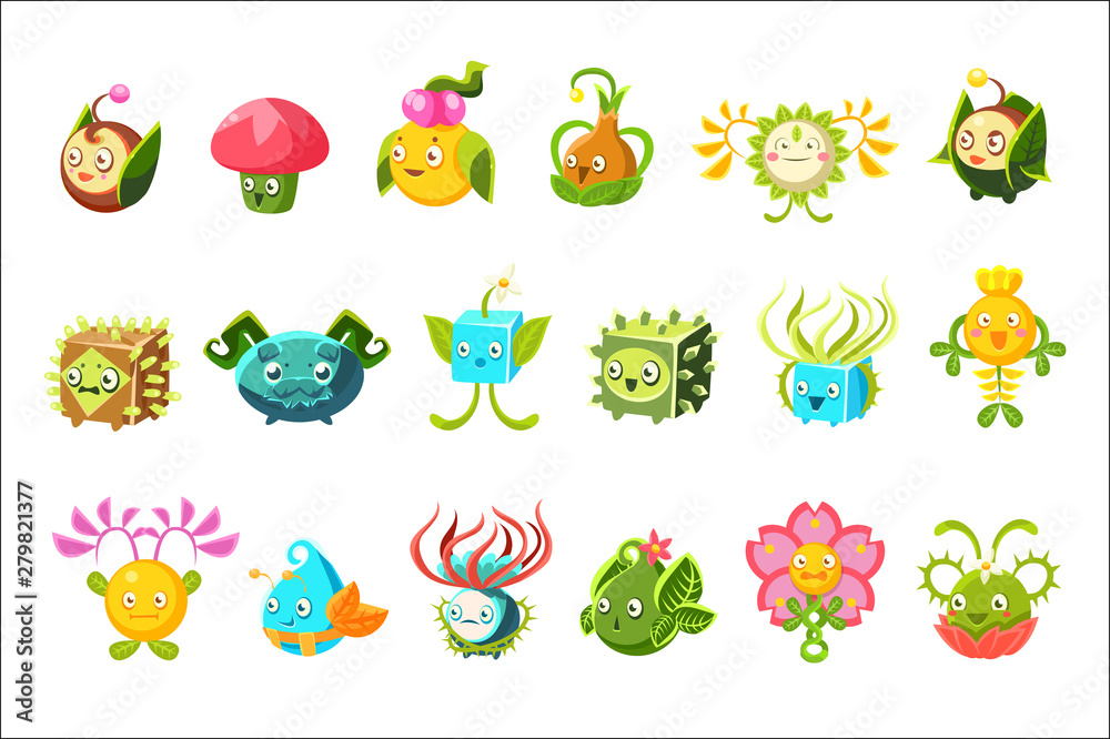Childish Alien Fantastic Alive Plants Emoji Characters Collection Of Vector Fantasy Vegetation