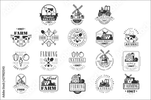 Organic Farm Products Black And White Sign Design Templates With Text And Tools Silhouettes