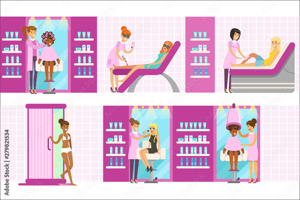 Women In Beauty Salon Enjoying Hair And Skincare Treatments And Cosmetic Procedures With Professional Cosmetologists Women In Beauty Salon Enjoying Hair And Skincare Treatments And Cosmetic Procedures With Professional Cosmetologists