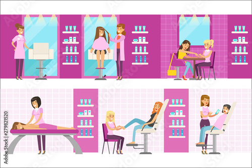 Women In Beauty Salon Enjoying Hair And Skincare Treatments And Cosmetic Procedures With Professional Cosmetologists