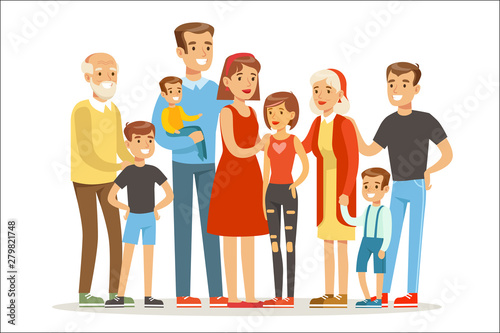 Happy Big Caucasian Family With Many Children Portrait With All The Kids And Babies And Tired Parents Colorful Illustration