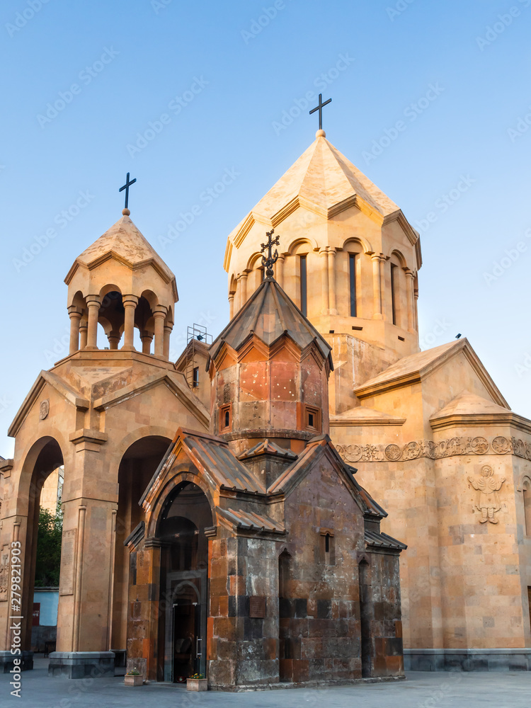 Katoghike and Saint Anna Armenian churches located in the Kentron District of Yerevan, the capital of Armenia, illuminated by the evening sun.