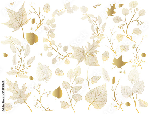 A set of green leaves, branches and created from these elements wreath. Vector illustration. 