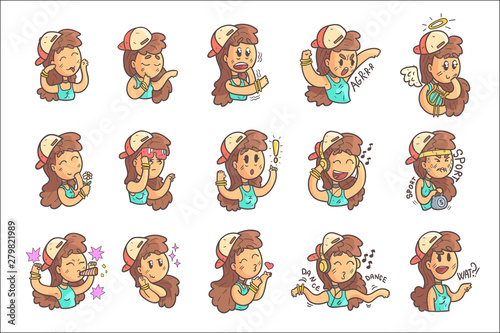 Girl In Cap, Choker And Blue Top Collection Of Hand Drawn Emoji Cool Outlined Portraits