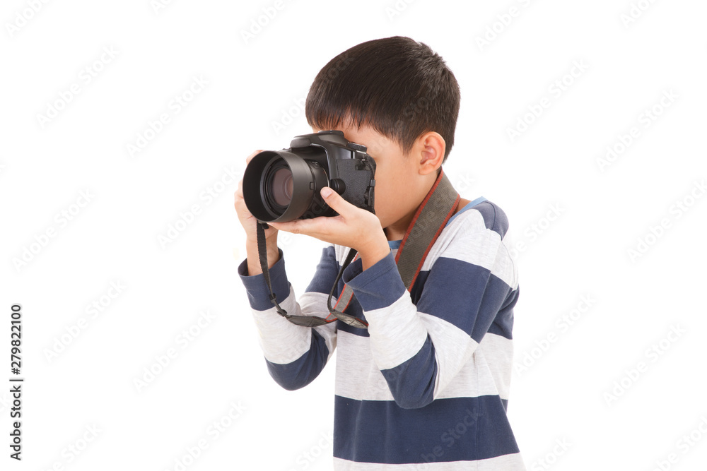 Asian boy with Camera Isolated on white background. Shooting Pose. Asian boy with Camera Isolated on white background. Shooting Pose.