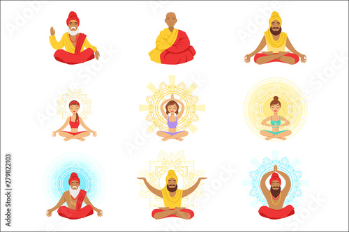 Yogis and sages, people in the Lotus position, expansion of consciousness and meditation