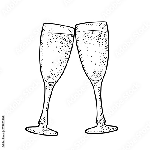 Two clinking glasses champagne. Vintage black vector engraving
