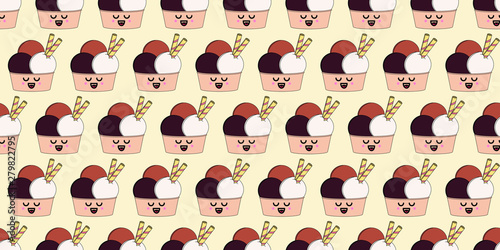 Ice cream vector seamless pattern with different colors. Chocolate ice cream balls with wafers . - Vector