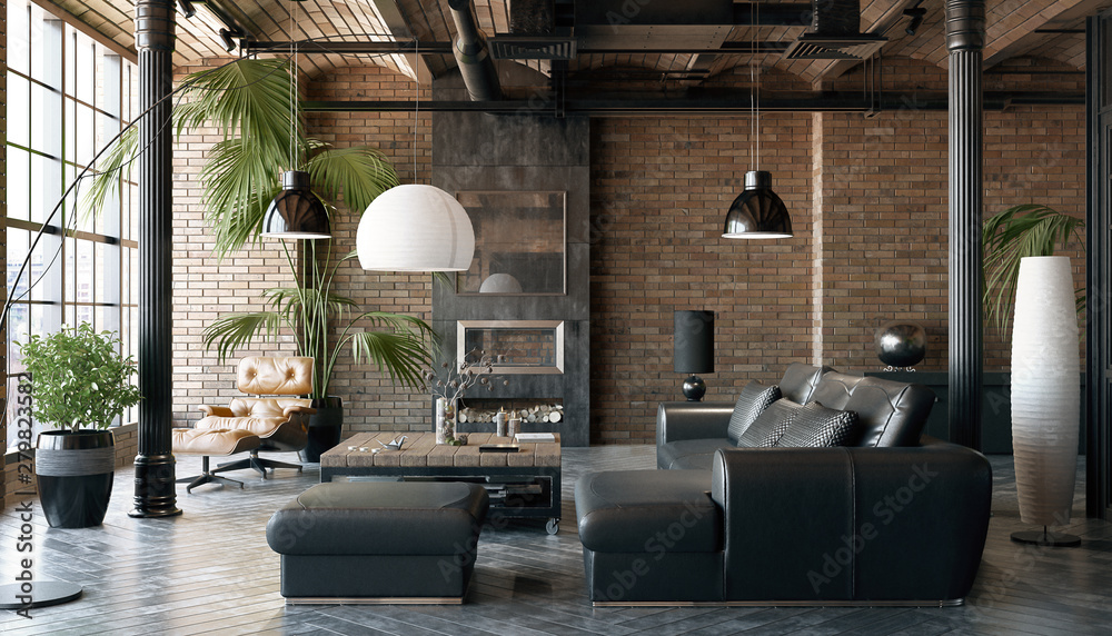 Living room loft in industrial style ,3d render Stock-Illustration ...