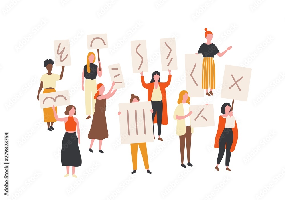 Crowd of protesting women holding banners and placards. Feminism activists taking part in political mass meeting, parade or rally. Group of feminist protesters. Flat cartoon vector illustration.