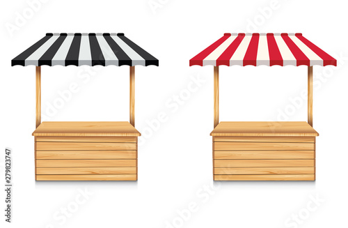 Street stall with black awning and red awning on white background. Wooden market stall.