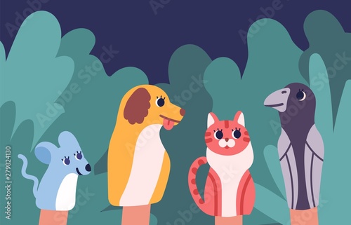 Hand or glove puppets of animals manipulated by puppeteer