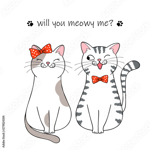 Bride and groom. Couple of cute cartoon cats. Hand drawn illustration