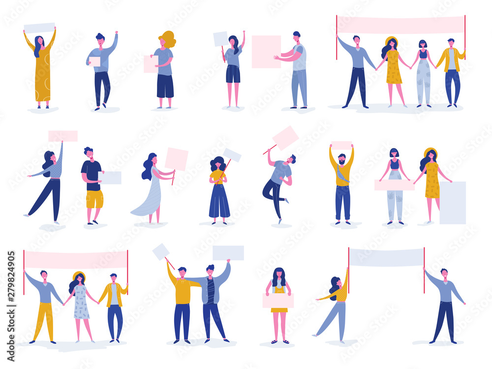 Big Set of protesting people holding banners and placards. Men and women characters on political meeting, parade or rally. Group of male and female protesters or activists. Vector illustration
