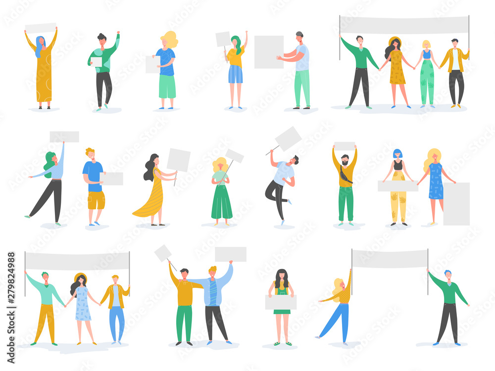 Big Set of protesting people holding banners and placards. Men and women characters on political meeting, parade or rally. Group of male and female protesters or activists. Vector illustration