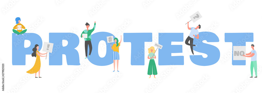 Big Set of protesting people holding banners and placards. Men and women characters on political meeting, parade or rally. Group of male and female protesters or activists. Vector illustration