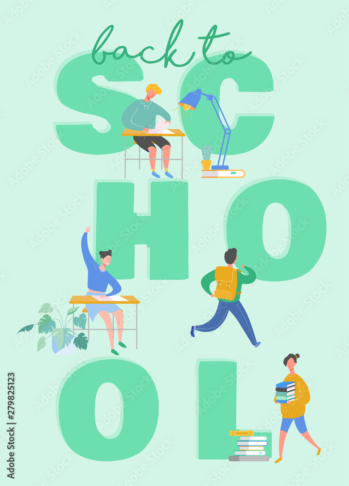 Fototapeta premium Set of pupils, school children, students going to school, college, university. Sitting school girl and school boy, student with books. Science and education print concept poster. Vector illustration