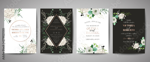 Set of Wedding Invitation, floral invite, thank you, rsvp rustic card design with gold foil decoration. Vector elegant modern template, trendy cover, graphic poster, retro brochure, design template