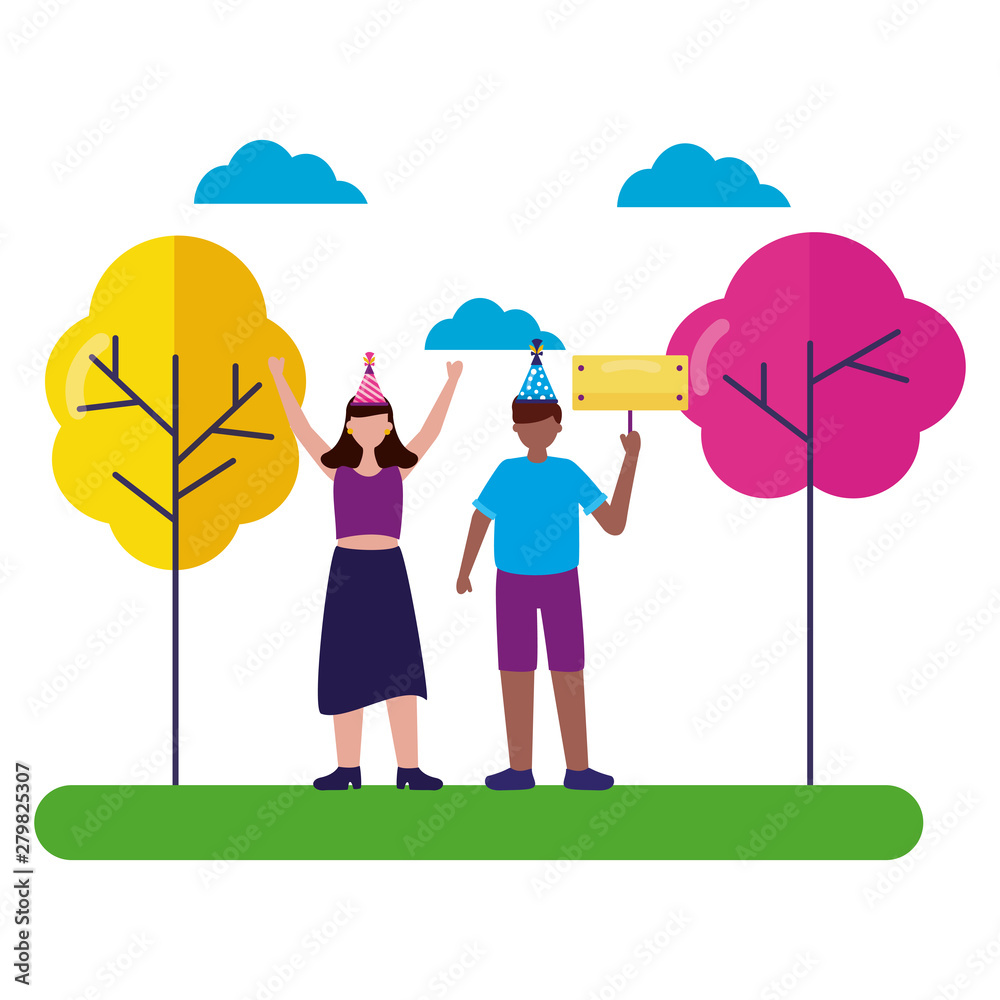woman and man placard birthday celebration woman and man placard birthday celebration