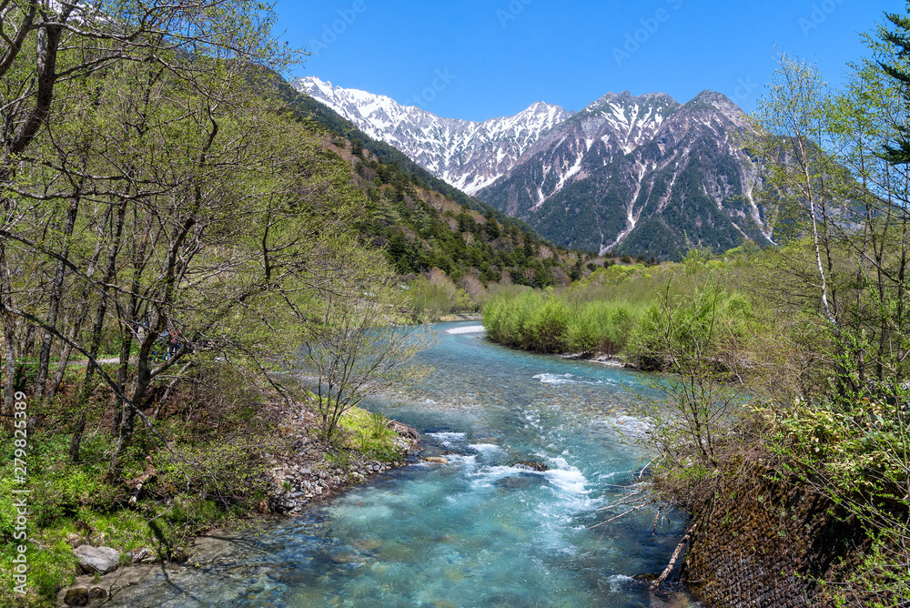 Azusa river and hotaka mountain at Kamikochi in Northern Japan Alps.