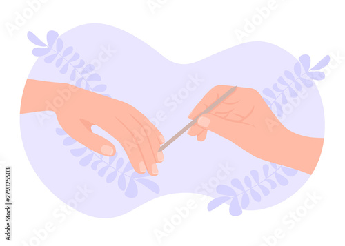 Woman hand doing manicure push back the cuticles use orange stick and clean the fingernails. Flat vector illustration