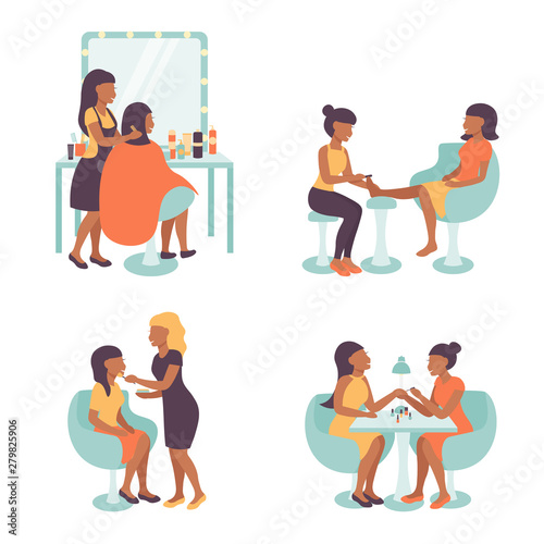 Set pedicure and manicure, visage and hairdress salon illustration, characters  pedicurist, manicurist, hairdresser stylist and visagist women working. Flat vector illustration.