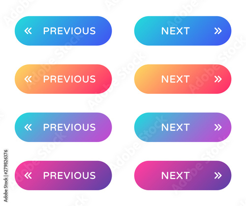 previous next web buttons set. filled ui web buttons in flat style. rounded vector buttons on trendy gradients with symbols for web and ui design
