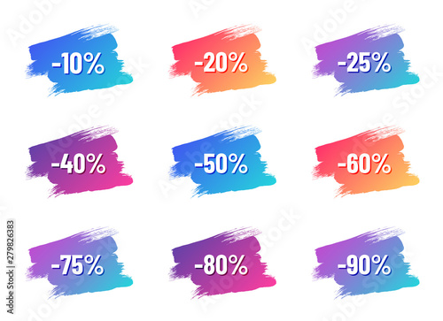 discount white letterings with shadows on color gradient brush strokes. discount from 10 to 90 percent off. illustration for promo advertising discounts