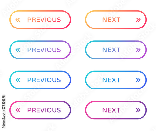 previous next web buttons set. outline ui web buttons in flat style. rounded vector buttons on trendy gradients with symbols for web and ui design