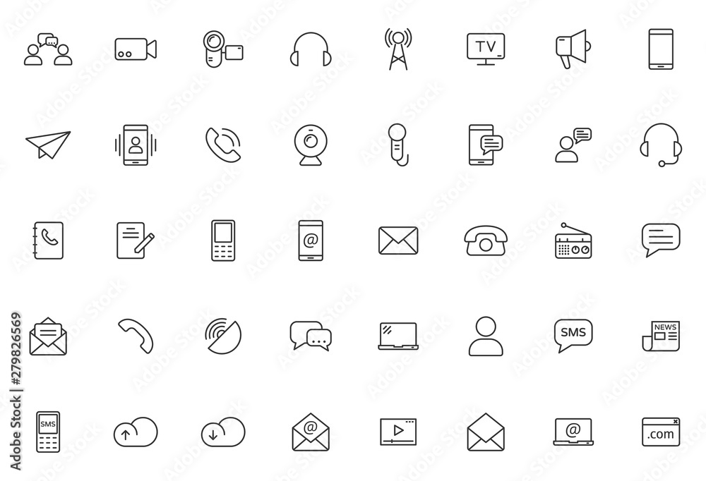 media communication outline vector icons big set isolated on white background. internet communication concept. communication flat icons for web and ui design media communication outline vector icons big set isolated on white background. internet communication concept. communication flat icons for web and ui design
