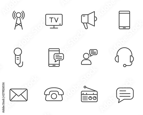 media communication outline vector icons set isolated on white background. internet communication concept. communication flat icons for web and ui design