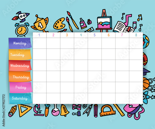 Calendar schedule with stickers. School planning or scheduling work. Vector volume illustration. Vector Template School timetable for students and pupils. hand drawn elements of school supplies.